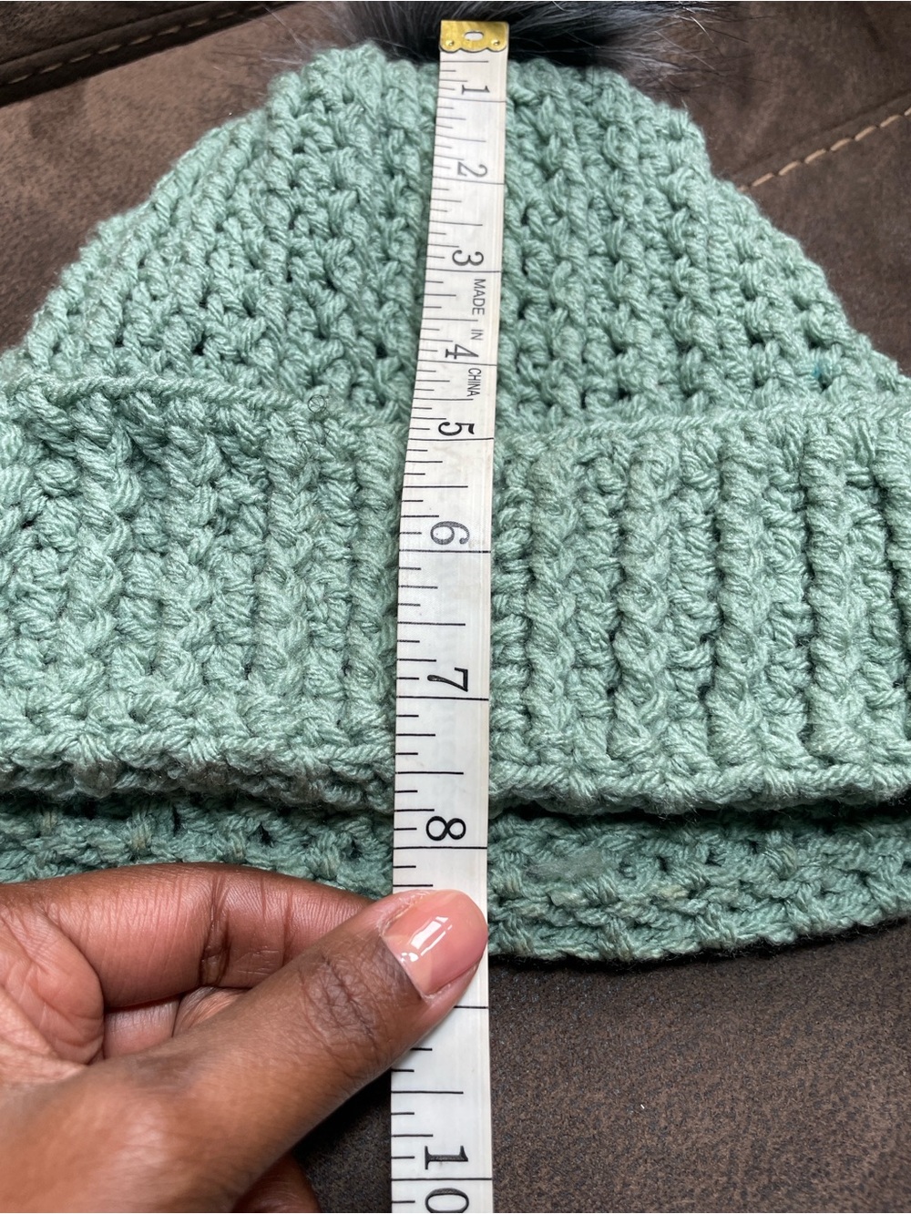 Handmade Wool Sage Green Chunky Crochet Knit Beanie Gray Faux Fur Pom Pom NWOT - Picture 6 of 6